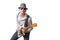 Man with sun glasses and hat plays electric guitar