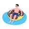 Man in sunglasses in donut air mattress semi flat color vector character