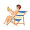 Man in Sunglasses Lounging in Deck Chair on Beach with Cocktail Enjoying Summer Vacation and Seaside Rest Vector