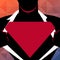 Man in Superman Pose Opening Shirt to Reveal Blank Triangular Logo. Male Silhouette with Man of Steel Empty Trademark on