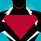 Man in Superman Pose Opening Shirt to Reveal Blank Triangular Logo. Male Silhouette with Man of Steel Empty Trademark on