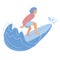 Man surfer rides on wave. Happy wave rider in swimwear on surfboard. Summer water activity