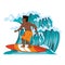 Man surfing waves cartoons isolated