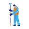 Man surveyor character in blue suit, helmet and orange vest does geodetic work flat style