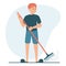 Man sweeping the floor using broom isolated