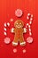 man sweet gingerbread year food decor decoration holiday christmas red background cookie. Generative AI.
