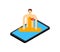 Man swims in phone screen. vector illustration