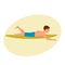 Man swims on surfboard, rowing his hands, lying on stomach.