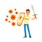 Man with sword defends himself against viruses, vector illustration isolated.