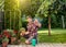 Man taking care of plants in garden