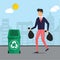 Man taking garbage, trash out in recycle bins