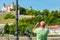 Man taking pictures on the bridge in Wurzburg, Germany