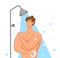 Man taking shower in bathroom. Vector illustration of happy guy washing himself with shampoo and soap.