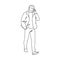 Man taking a walk and talking on the phone. Front view. Monochrome vector illustration of adult man in jacket walking in