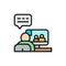 Man talking to friends on video, web conference flat color line icon.