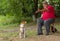 Man talks to his four-legged friend (basenji dog) sitting on a stool in summer park