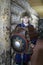 Man in tatar leather armor with shield