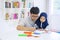Man teaching his cute muslim daughter how to draw