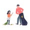 Man with Teen Girl Volunteers Cleaning Picking up Garbage and Foliage in Bag with Broom Vector Illustration