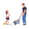 Man with Teen Girl Volunteers Cleaning Picking up Garbage and Foliage in Wheelbarrow with Broom Vector Illustration