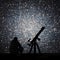 Man with telescope looking at the stars. Globular cluster