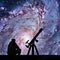 Man with telescope looking at the stars. Messier 83