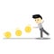 Man throwing golden coin rolling on the ground like bowling cartoon vector