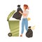 Man throwing plastic bag into trash bin. Househusband doing daily routine cartoon vector illustration