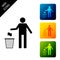 Man throwing trash into dust bin icon isolated. Recycle symbol. Trash can sign. Set icons colorful square buttons