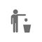 Man throws out waste, trash grey icon.