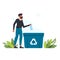 Man throws plastic bottle into trash can, garbage recycling sign. Recycle, ecological lifestyle vector illustration.