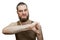 Man with thumb down. guy expressing disapproval. Dislike concept. Hipster male with beard showing thumb down gesture