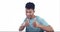 Man, thumbs up and agreement, face and happy with hand gesture, emoji and support on white background. Yes, like and
