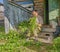 Man ties birch brooms for a bath sitting on a wooden porch of an old country house in a Siberian village, Russia