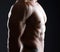 Man, torso and fitness abs in studio for wellness or body builder, strong and dark for power or strength. Person, six