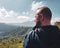 Man tourist admire beautiful mountain view in Bali