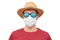 Man tourist came to a vacation in a hat and a medical mask. Sunglasses reflect the seascape. Concept of tourism business