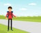 Man Tourist Character with Backpack Hitchhiking Standing on the Road Vector Illustration