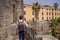 Man tourist in Herceg Novi old town. Historical and touristic center of Herceg Novi. Montenegro