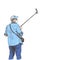 Man tourist in medical face mask makes selfie with smartphone on selfie stick Color vector drawing, Travel alone at coronavirus