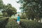 Man tourist photographer walking in Tea plantation in mountain, Doi Mae Salong