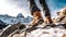 Man in tourist trekking shoes in snowy winter mountains