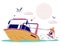 Man towed by motorboat riding wakeboard, vector illustration. Wakeboarding, extreme water sport and recreation.