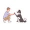 Man training his dog to give a paw, sketch line vector illustration isolated.