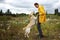 Man training Labrador Retriever on green meadow