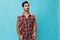 Man travel background plaid shirt guy trendy smile blue happy confident friendly arm attractive