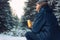 Man traveler forester hunter in the winter forest sitting on fallen tree