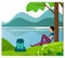 A man traveler sits on a hill under a tree resting and looks into the distance and the river. Vector illustration in cartoon style