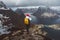 Man traveler taking photo with a smartphone hiking on Reinebringen mountain ridge in Norway lifestyle adventure traveling