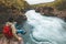 Man traveling relaxing alone with river canyon view